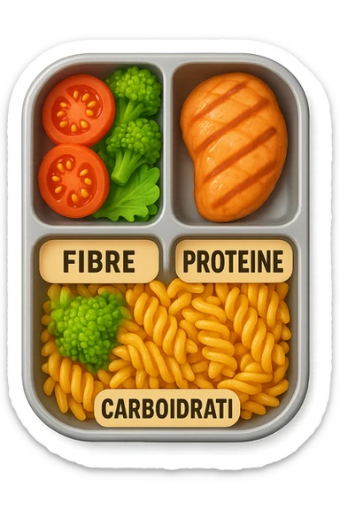 EMOJI STILE IPHONE DI una schiscetta vista dall'alto con 3 porzioni ben distinte: nelle porzioni scrivi le parole FIBRE, PROTEINE, CARBOIDRATI, iperrealistica 4k sticker