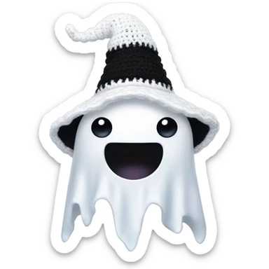 white shaped adorable crocheted ghost. it has only two black pearl shaped eyes (no mouth)  and wearing a black pointy witch hat. sticker