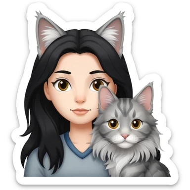 a silver based Maine Coon cat holding a black hair glasses girl sticker