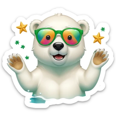 friendly anthropomorphised polar bear swimming freestyle, excited expression, wearing large multicolored star-shaped glasses, no St. Patrick's Day outfit sticker
