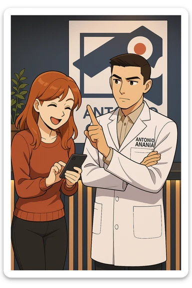 su questo stile fai un manga/webtoon a colori in cui una donna CONTROLLA ENTUSIASTA LO SMARTPHONE MENTRE PARLA CON L'UOMO, l'uomo della foto in stile manga LE DICE DI "NO" CON IL DITO, mantieni un ambiente simile alla foto che ho allegato con il suo logo (sarebbe il suo studio, lui è un kinesiologo), scrivigli "ANTONIO ANANIA" sul camice bianco, non mettere fumetti, ma fai in modo che sembri che la donna CONTROLLI LO SMARTPHONE E L'UOMO CON I GESTI LE FACCIA CAPIRE CHE STA SBAGLIANDO sticker