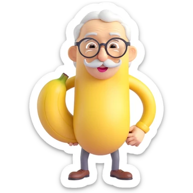 elderly banana with hunched posture, gray mustache, spectacles, soft smile, simple background sticker