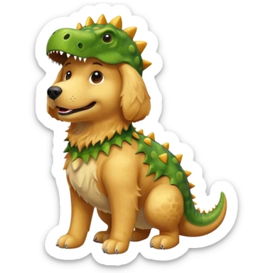 a golden retriever with a dinosaur costume sticker