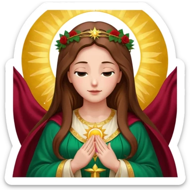 Virgin Mary, gentle face looking down left, long brown hair, emerald green robe with gold stars, burgundy dress, hands in blessing, halo, big sun behind, colorful roses on the sides sticker