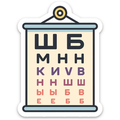 Sivtsev eye chart (Russian vision test chart) full illustration with recognizable rows of Cyrillic letters hanging on a loop, vector icon style with thin clean outlines, detailed shading, shadows and highlights, soft rounded features, pastel palette #98B5BC #B5B3C1 #C9A3C9 #E4C0CA #F7DCD1 #F7C0AA, Japanese pop art, sticker look, highly detailed, transparent background sticker