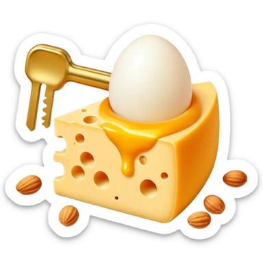 Ethereal vitamin K2 appearing as a golden key floating among pieces of aged cheese, egg yolk, and fermented natto. The key directs glowing calcium particles toward a single bone with a bright golden deposition point, illustrating K2's targeted calcium-directing function. sticker