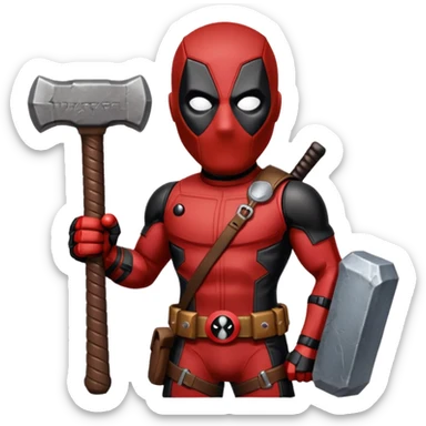 Deadpool holding thors hammer sticker