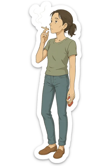 A full body of a slim middle aged woman wearing jeans and a t.shirt holding a packet of cigarettes and smoking sticker
