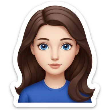 Realistic Student Portrait, with porcelain-like skin featuring a natural rosy flush, illuminated by soft lighting that highlights the gentle contours of her face. Her Brunette hair flows in soft, Her deep blue eyes radiate warmth and innocence, framed by arched brows and long lashes. sticker