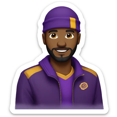 Omega psi phi man wearing a purple and gold letter man jacket a black durag in his head brown skinned black full beard and attractive  sticker