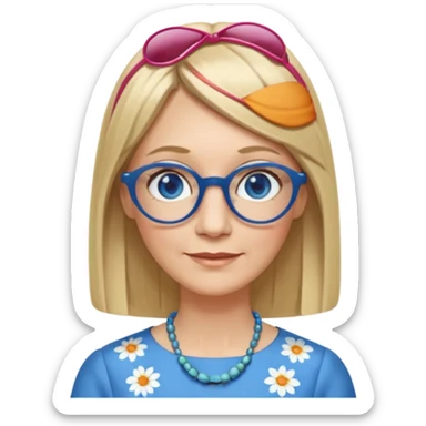 50 yr old white woman, hippie parted very long hair, short bangs, very long straight blond hair, oval face, small smile, blue eyes, thin face, hair downback, hair parted at center of head, round cheeks, pale, longer hair, business dress, long hair, big glasses sticker