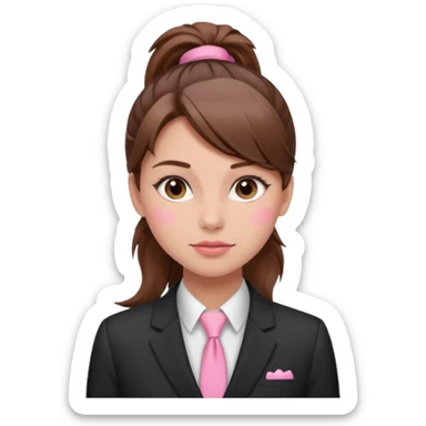 girl with brown hair in a ponytail in the middle with pink blush on her face and a suit sticker