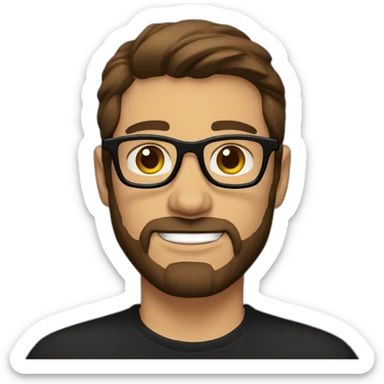 Short brown slicked hair, brown glasses, 3-day beard, black t-shirt. sticker