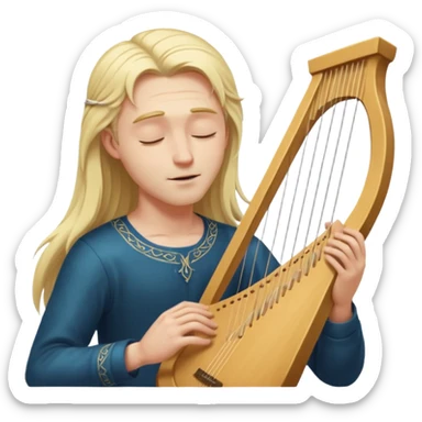 Man with long blonde hair playing a lyre with eyes closed sticker