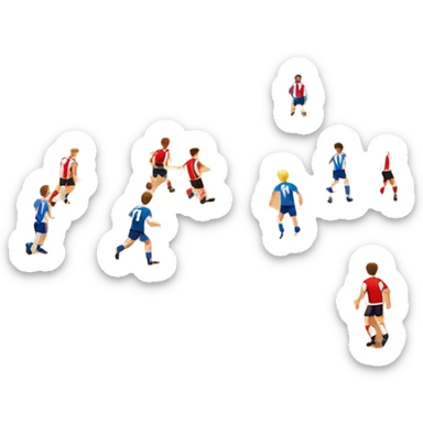 A mini-football match in an indoor sports hall with wooden flooring and clear field markings. The scene shows a vibrant game in action, with players positioned on the court, the goalposts visible, and the atmosphere filled with energy and focus. sticker