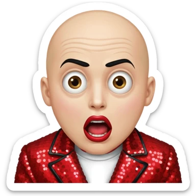 a bald cabaret actor with a white, dry, long, made-up face and heavily made-up eyes and mouth, a huge, wide-open mouth and a startled look sticker