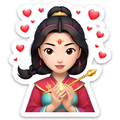 Cinematic Adorable Mulan Portrait Emoji, Playfully holding Cri-Kee in her hands, eyes sparkling with mischief, soft rosy cheeks, a warrior with a heart full of charm, radiant in the morning sunlight, glowing with warmth and joy! sticker