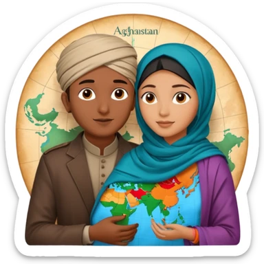 An emotional artistic illustration of an Indian man and an Afghan hijabi girl standing on the maps of India and Afghanistan, symbolically embracing despite the distance, showing love beyond borders. sticker