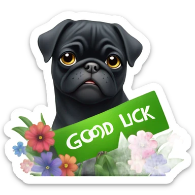 Black pug , surrounded by flowers, holding a green sign that says “good luck”  sticker