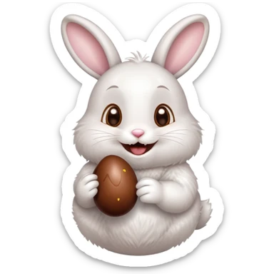 Cute Easter bunny happily eating a chocolate egg sticker