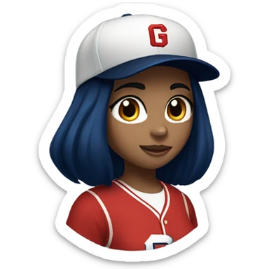 Black long hair girl wearing navy ballcap emblazoned with a red G initial and wearing baseball uniform sticker