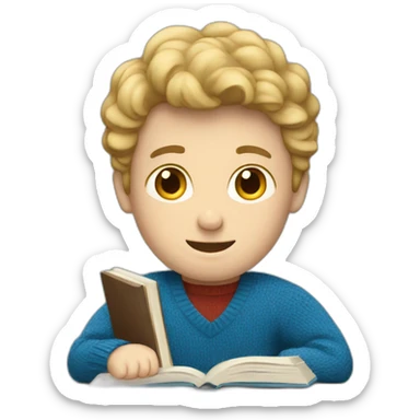 Man with fair skin in blue sweater studying sticker