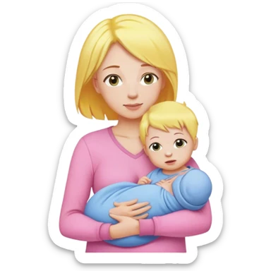 Mother with yellow hair and pink clothes, holding baby in blue clothes sticker