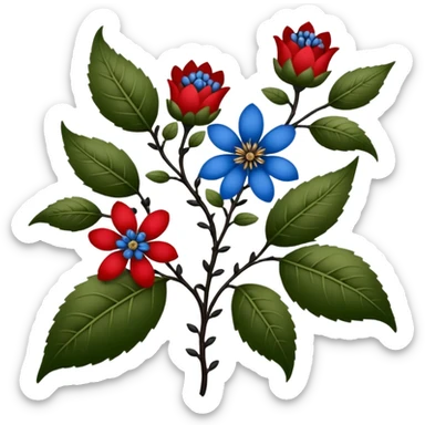 dull green leaves & red & blue flowers filigree design, small fruits, ebony branches, extremely detailed, complex design sticker