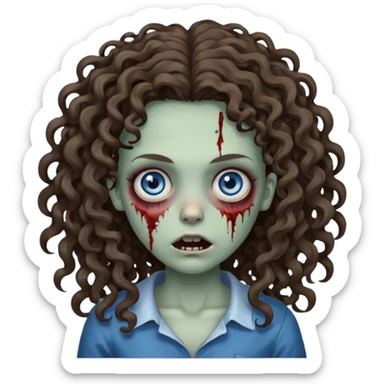 a zombie girl, her hair is curly and brunette but it is long hair and her curls are more open, the color eyes is blue mix grey sticker