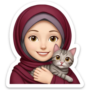 White girl wearing maroon hijab holding a black grey tabby cat while smiling sticker