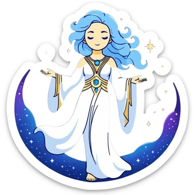 fullbody universe goddess Sophia, Ethereal Light Being, Made of starlight and fractals, Glowing white/gold skin with flowing translucent robes, Hair blue like galaxy mist, Jewelry made of stars and crystals sticker