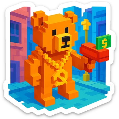Russian grizzly bear with a rapper chain and a money gun, standing in a city alley sticker