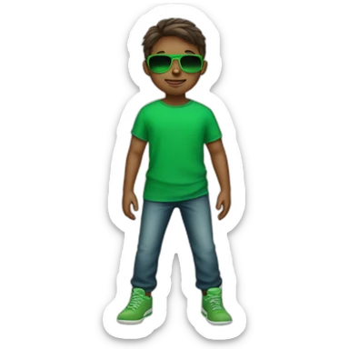 A young boy with green cloth and green sunglasses sticker