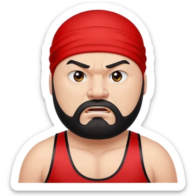 White skin fat guy with prominent black durag, short black beard, black eyes in a red and black wrestling singlet with angry face sticker