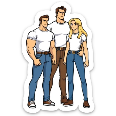 Two people together one, a 35 year-old tall muscular man with brown hair and a shorter blonde woman long hair also very good shape getting married next month. I don’t want them in wedding garb jeans and a T-shirt that show off their bodies would be best. sticker