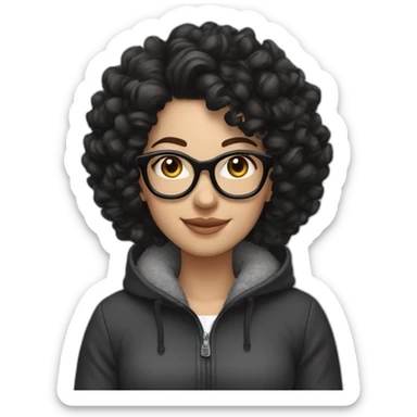 white Girl with black curly hair, ear piercings and smile,fleece jacket and glasses on her head sticker