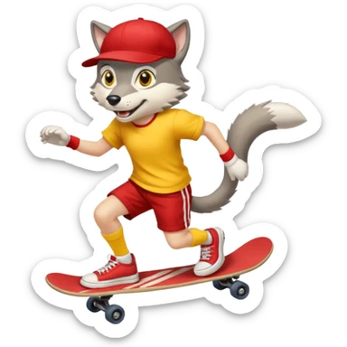 A gray wolf with large, expressive eyes and a friendly smile. The gray wolf is wearing a bright yellow T-shirt, red shorts, white knee socks, and sneakers. The baseball cap is on backwards. The wolf is preparing to perform a skateboarding trick. sticker
