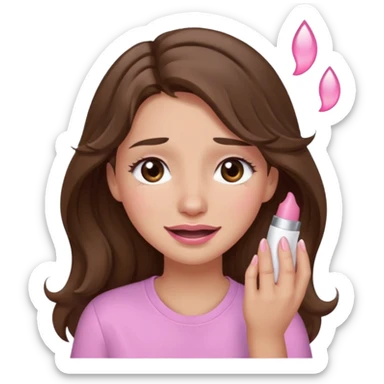 girl with wavy long brown hair, brown eyes, light to medium complexion, long lashes, light pink lipstick, wearing light pink shirt, smiling, crying with big pink tears sticker