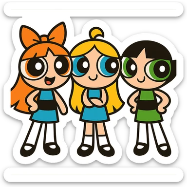 three cartoon girls with big eyes, inspired by the Powerpuff Girls, cute and colorful style sticker