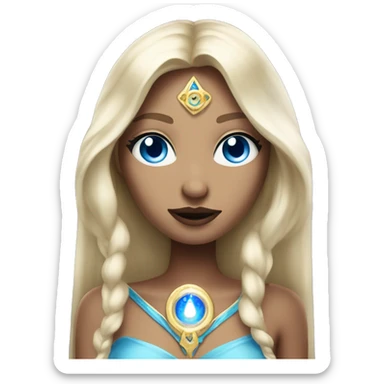 magical diva with thin pink andromedan face long blonde hair and blue eyes glowing third eye sticker