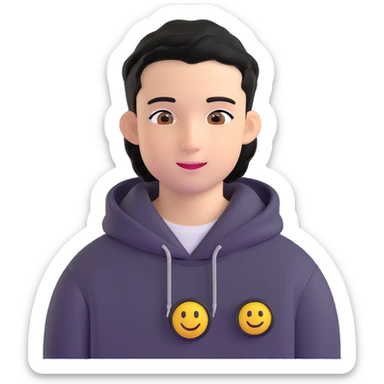 boy with military cut black hair, brown eyes, wearing 2 circle earrings and a black hoodie with a smiley face sticker