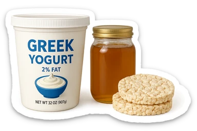 Yogurt Greco 2%
Miele (senza il cucchiaio di legno)
Gallette di Riso
vista frontale, iperrealistico 4k sticker