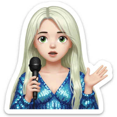 billie eilish is singing, 2 hands holding mirco and twinkle dresss, white long hair sticker