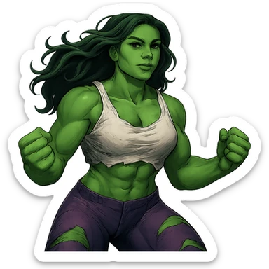 Woman Hulk with a calmer expression, green skin, muscular build, keep the pose and style, no background. The style is a muscular green superhero woman, keep the original style look but calm the expression and isolate the subject with no background. sticker