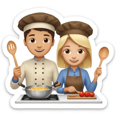 create a brunette boy and a blonde girl cooking emoji  sticker