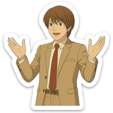 Create an exact Light Yagami in Ghibli style, standing with both hands raised as if emphasizing a point, wearing the same suit, with the same confident expression, on a transparent background. sticker