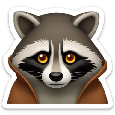 brown raccoon with orange eyes and a dark green hood that is sad sticker