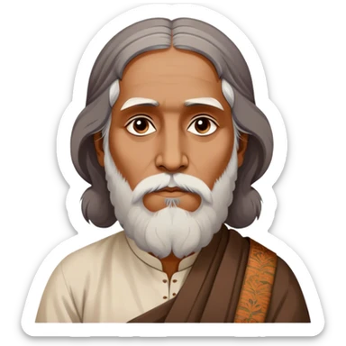 Rabindranath Tagore – Cinematic Realistic Portrait of Rabindranath Tagore, depicted with thoughtful, soulful eyes and gentle features, dressed in traditional Bengali attire with subtle artistic motifs, bathed in warm, soft lighting that evokes his poetic genius and timeless wisdom. sticker