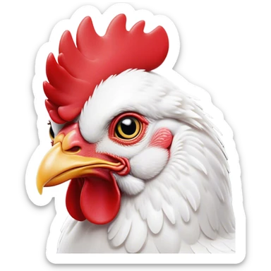 Cinematic Noble White Chicken Portrait Emoji, Poised and regal, with a compact, sturdy build and a pristine, well-groomed pure white plumage, deep-set soulful beady eyes, Simplified yet sharp and sophisticated features, highly detailed, glowing with a soft, dignified glow, high shine, intelligent and alert, stylized with an air of barnyard elegance, focused and attentive, soft glowing outline, capturing the essence of a watchful and confident fowl, so majestic it feels as though it could strut out of the screen with effortless authority! sticker