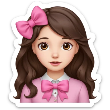 Brunette, long wavy hair, girl emotions and a pink bow sticker